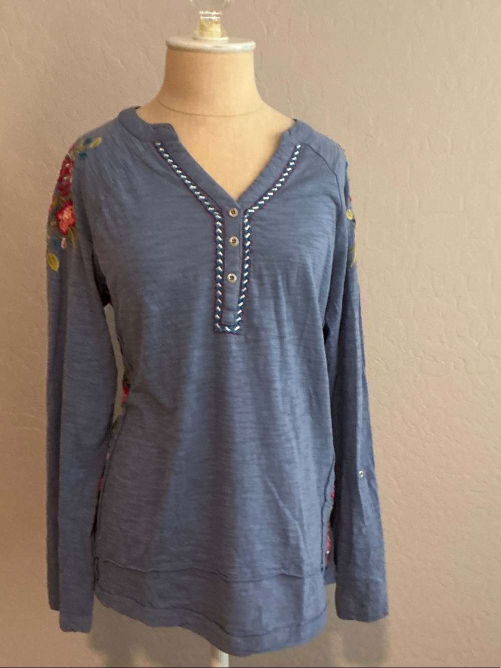 Caite Blue Embroidered Henley Long-Sleeve Top